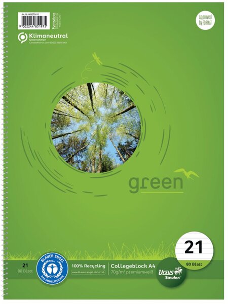 Green Collegeblock, A4, liniert, 80 Blatt, 70g/qm, LIN 21