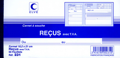 ELVE Carnet à souche "Reçu avec TVA", 96 x 210 mm